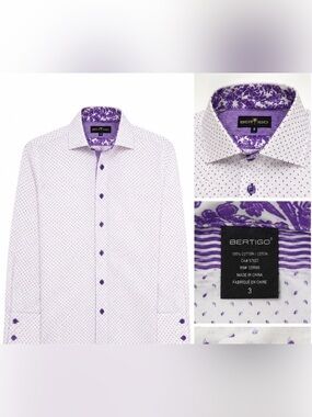 Bertigo Size 3 Men’s Long Sleeve Dress Shirt | White & Purple | 100% Cotton